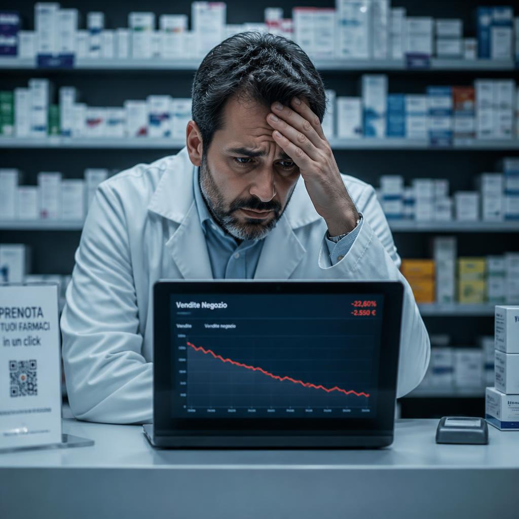 Farmacista frustrato davanti a vendite in calo